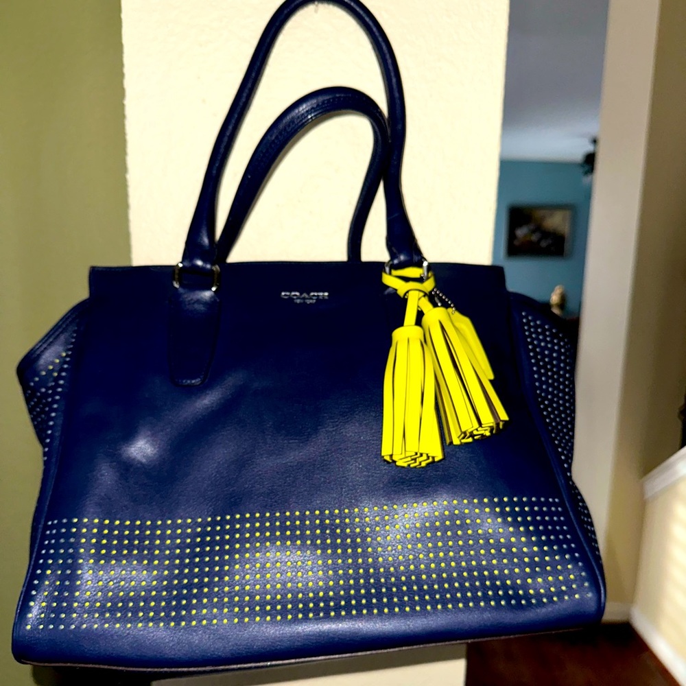 Coach Legacy Leather Perforated Medium Navy w/Citrine tassel 22390